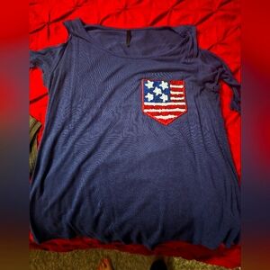 Blue Cold Shoulder Top with Sequin American Flag Pocket
